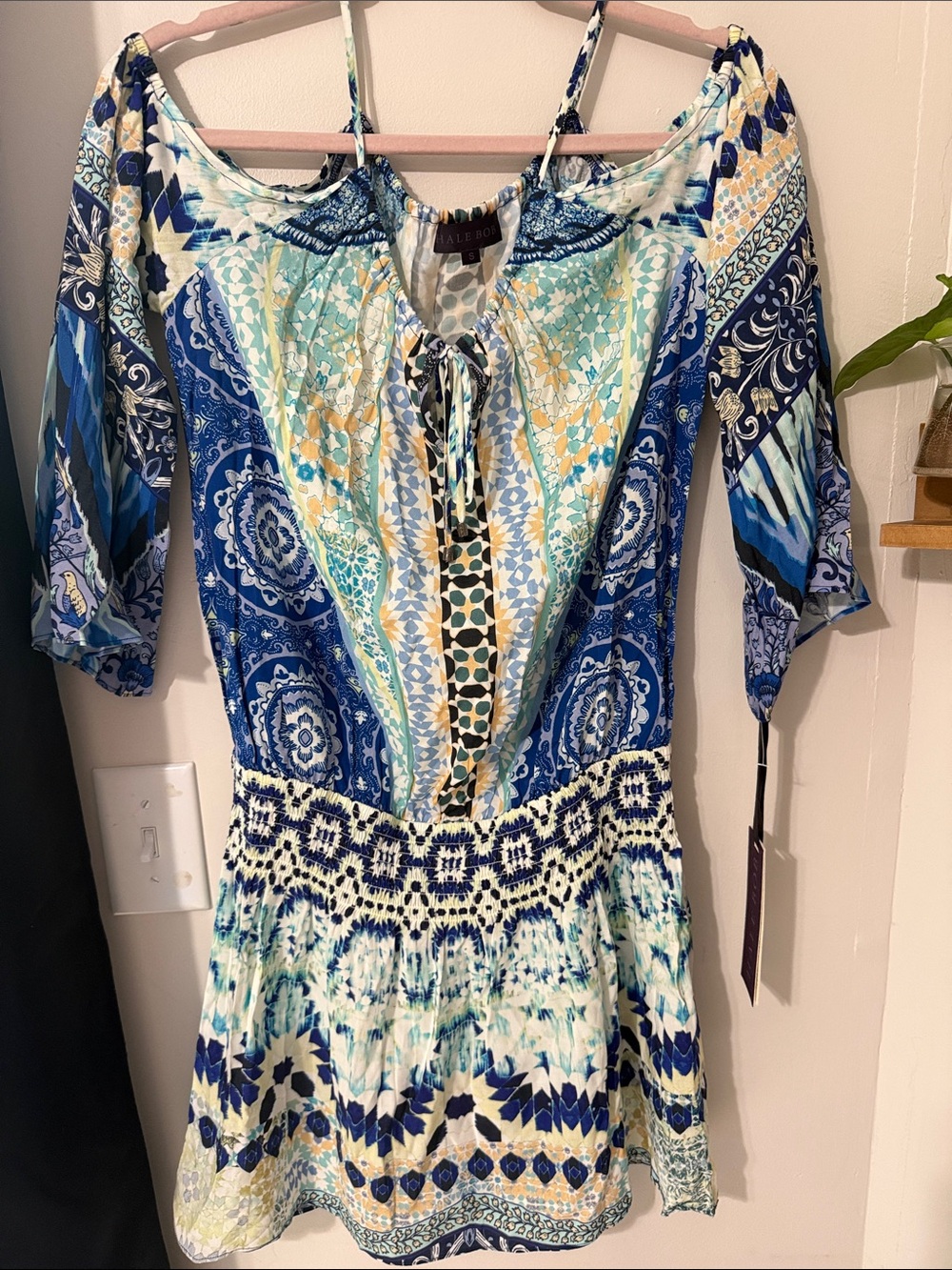 Hale Bob Blue and Teal Mosaic Off-Shoulder Tunic